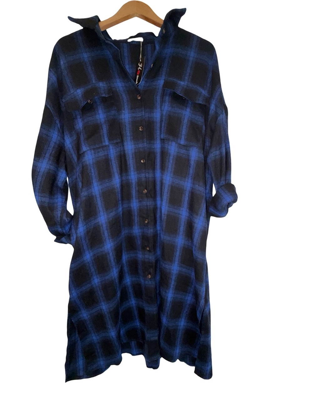 Long Sleeve Plaid Shirt Dress in Blue and Black